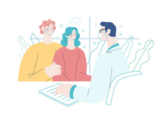 Doctor and patients - medical insurance illustration. Modern flat vector