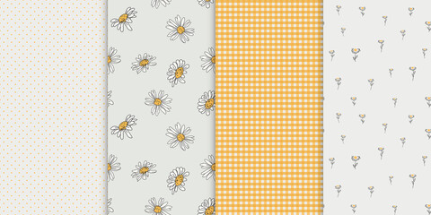 Set of 4 pattern in rustic style. Plaid, dots, strips and daisy textures in yellow and white colors.
