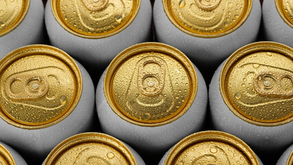 cold aluminum cans close up. Many cans of beer or other drinks