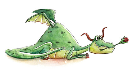 Illustration of dragon with rose in mouth