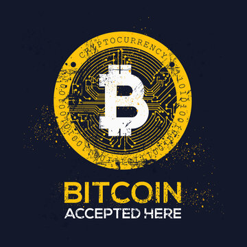 Creative Bitcoin icon with text (bitcoin accepted here), Bitcoin Cryptocurrency Payments, Vector sign.	