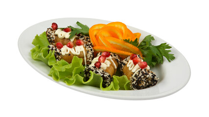 Stuffed eggplants with cheese and herbs on white oval plate