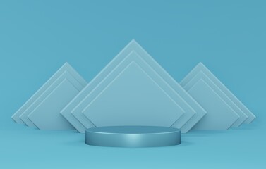Single pedestal in the form of a cylinder against a background of concentric rhombuses in light blue pastel colors. Studio lighting. 3d render.