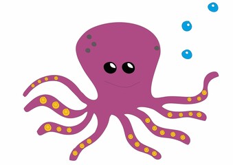 purple octopus with water bubbles, with tentacles and happy face