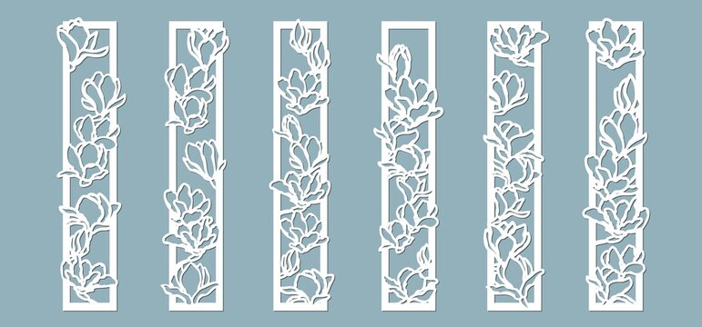 Magnolias flowers pattern. Set, panel for registration of the decorative surfaces. Vector illustration of a laser cutting. Plotter cutting and screen printing
