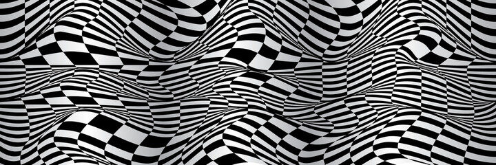 Naklejka premium Checkered waves board. Abstract 3d black and white illusions
