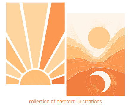 collection of two landscapes with stylized mountains, sun and moon in yellow desert palette