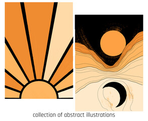 collection of two illustration with stylized mountains, sun and moon in black and gold yellow colours
