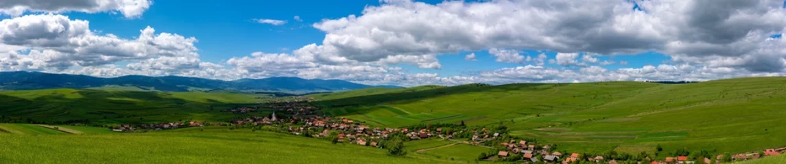 Poster Panoramic landscape of a hungarian village in Transylvania, Romania at springtime. © Alpar