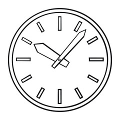large monochrome clock showing it is shortly after ten. outline, vector, comic.