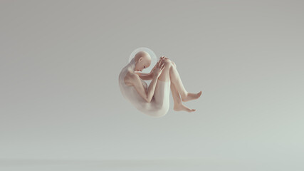 Tall Futuristic Sci Fi Ballerina Space woman in a White Body Suit with Retro Glass Bowl Helmet Floating in the Fetal Position 3d illustration render - 436489722