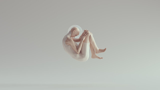 Tall Futuristic Sci Fi Ballerina Space woman in a White Body Suit with Retro Glass Bowl Helmet Floating in the Fetal Position 3d illustration render
