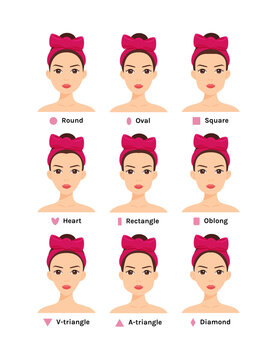 Set of isolated types of beautiful young woman face.  Pretty brunette girl with pink bow on head. Cartoon color flat style. White background. Vector stock illustration.
