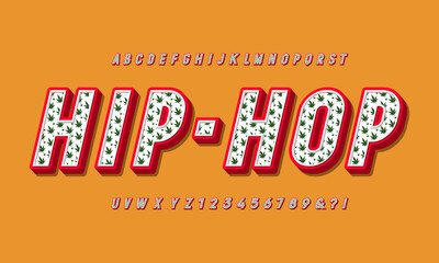 Original 3d font with rich and detailed texture. Marijuana leaves in the background. Vector letters and numbers