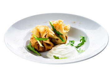 New menu in the cafe. Russian pancakes blini with fresh cream ch