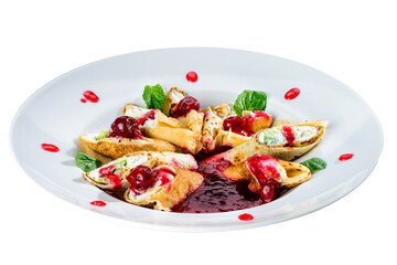 Sweet dessert. Delicious pancakes with curd served with cherry j