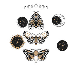 Boho butterfly, sun and moon vector set. Beautiful moth vector magic ornament, celestial element illustration.