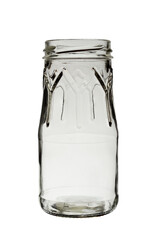 Empty open jar made of transparent glass, narrow shape with edges. Isolated on a white background.