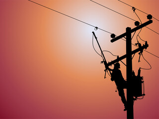 The power lineman use clamp stick (insulated tool) to closing a transformer on energized high-voltage electric power lines. The power lineman must be trained because it is a risky job
