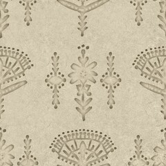 Seamless embossed paper texture for print. High quality illustration. Beige taupe or tan paper texture with embossed abstract ethnic tribal design overlay. Seamless repeat raster jpg pattern swatch.