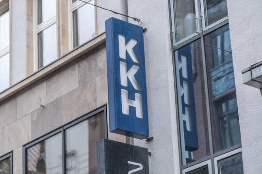 Hamburg, Germany - March 28, 2021: Vertical signage of the Kaufm&auml;nnische Krankenkasse KKH insurance company, of the ten largest statutory health insurance funds in Germany