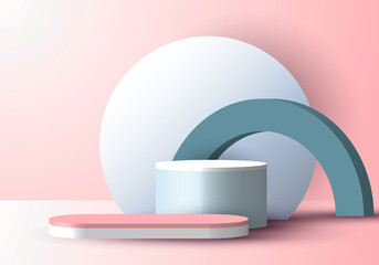 3D realistic blue pastel geometric display product with podium and circle backdrop minimal scene pink background