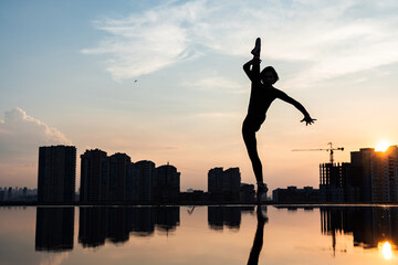 Silhouette of ballerina performing on cityscape and dramatic sunset background. Concept of...