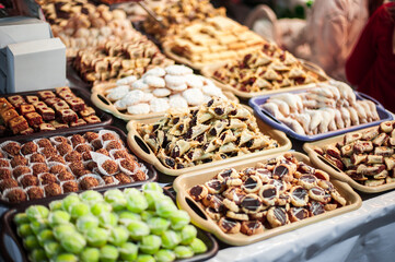 handful  of oriental sweets on the market in the old town in Marrakech