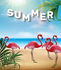 Vector summer sale banner template with tropical leaves and flamingo bird.