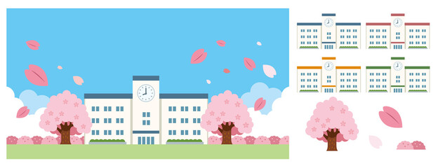 学校と桜のイラスト素材
