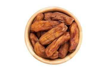 Top view of sun dried bananas in the bowl isolated on white background