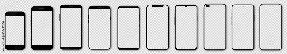 Poster Set high quality realistic trendy different black models smartphone with empty touch screen and shadow front view. Detailed mockup smartphone, model 3D mobile phone, app, ui, ux, front view.