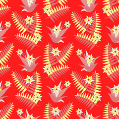 Fototapeta na wymiar Fern leaves with aloe flowers seamless pattern. 