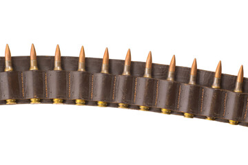 Leather bandolier with 7.62 Nato ammunition isolated on white.