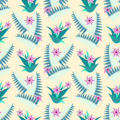 Fern leaves with aloe flowers seamless pattern.
