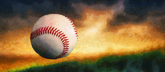 Baseball ball in the air. Evening sunset. Wide panoramic view. Artistic work