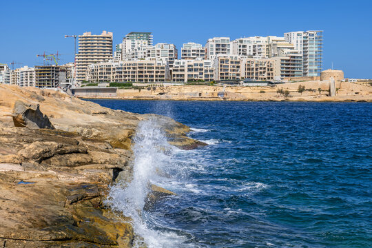 Sliema Town Skyline And Sea Shore In Malta