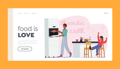 Family Characters During Lunch Time Landing Page Template. Happy Mother and Little Kid at Kitchen Spend Time Together
