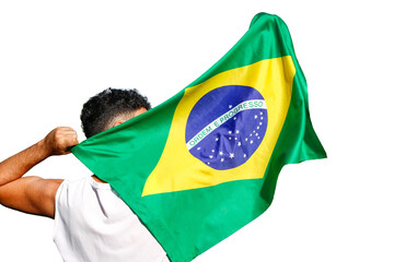 Man holding Brazil flag isolated on white background.