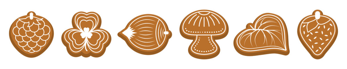 Ginger bread cookies, Figured biscuits with white sugar frost. Mushroom, nut, raspberry, strawberry, leaves. sweet dessert for Christmas or holidays.  Isolated on white background. Vector illustration