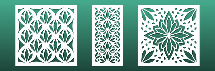Laser cut panels with modern abstract geometric pattern. CNC cutting or carving. Home interior design, room dividers, privacy screens, wall art, card background decoration. Vector illustration