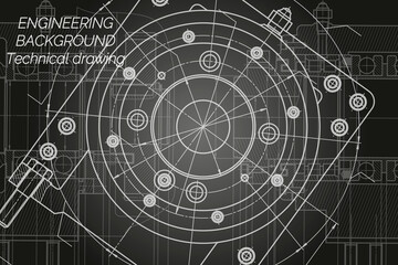 Mechanical engineering drawings on black background. Milling machine spindle. Technical Design. Cover. Blueprint.