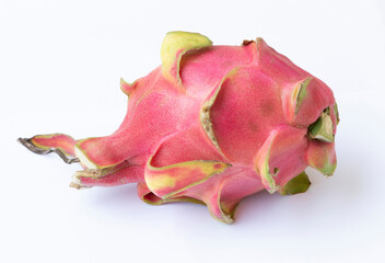 The pink dragon fruit turns its head to the right. Place it on a white background.