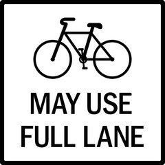 May use full lane with cycle sign. Black on white background. Traffic signs and symbols.