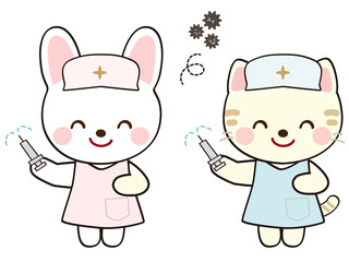 ワクチン注射を打つうさぎと猫の看護師さん