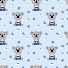 Childish seamless pattern with hand drawn koala baby boy. In blue colors. Perfect for kids apparel,fabric, textile, nursery decoration,wrapping paper. Vector