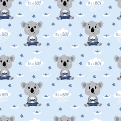 Childish seamless pattern with hand drawn koala baby boy. In blue colors. Perfect for kids apparel,fabric, textile, nursery decoration,wrapping paper
