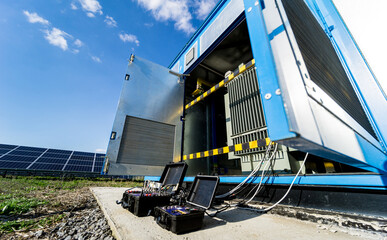 Large power transformer in a solar panel station