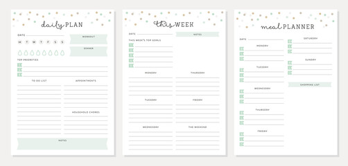 Set of 3 minimalist planners. Daily, weekly, meal planner template. Cute and simple printable to do list. Digital Planner. - 436497971