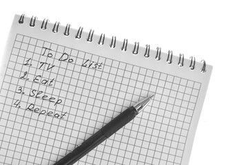 Black and white humorous business mock up concept into period of vacation. To-do list including eating, sleeping, watch TV with black ballpen isolated on white background